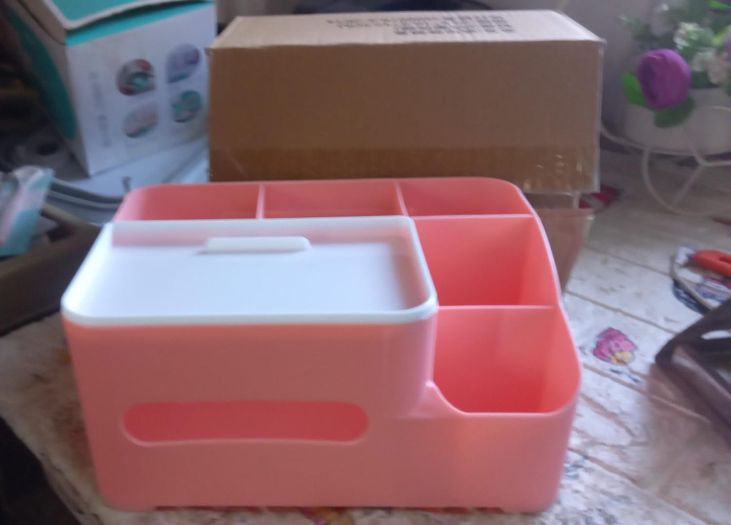 6-Compartment Desk Organizer – Multi-Function Storage for Tissue, Stationery, Remote & Mobile (Home/Office)