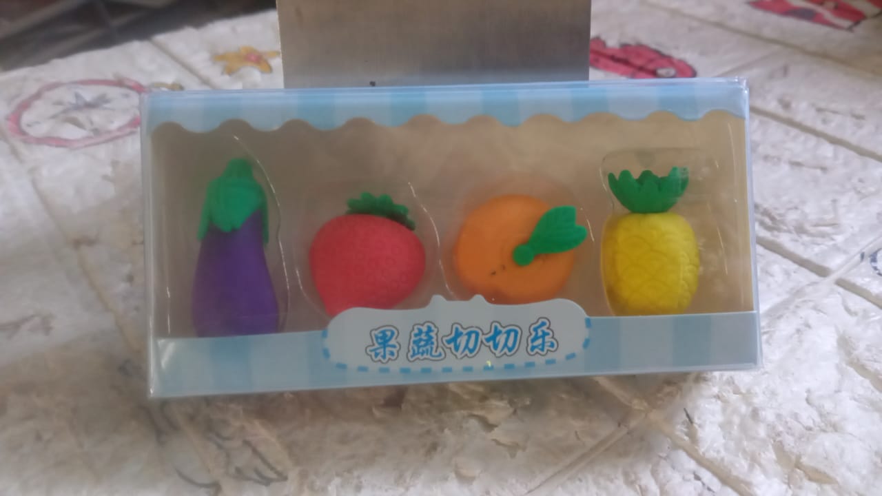 Mini Cute Veg & Fruit Erasers – 3D Colorful Eraser Set for Kids (4 Pc)